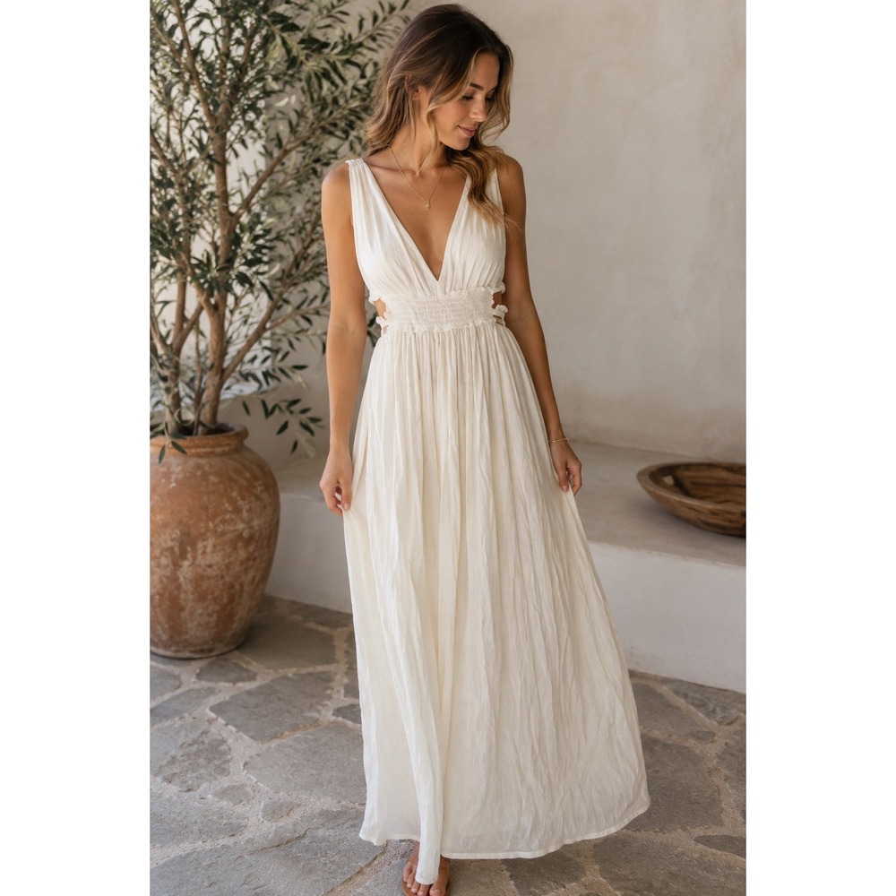 Just Found White Boho Smocked Waist Side Cutout V-Neck Maxi Dress XL Crinkle